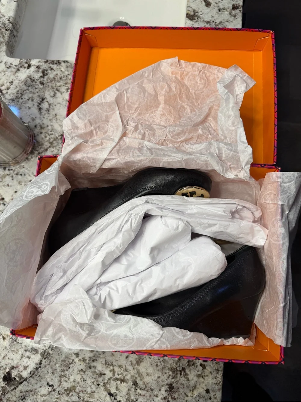 Tory Burch Black Leather Wedge Pumps with Gold Logo Medallion